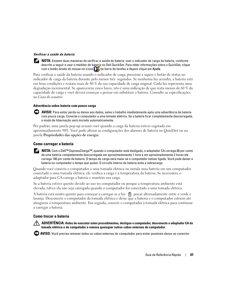 Como carregar a bateria, Como trocar a bateria | Dell Latitude D820 User Manual | Page 61 / 94