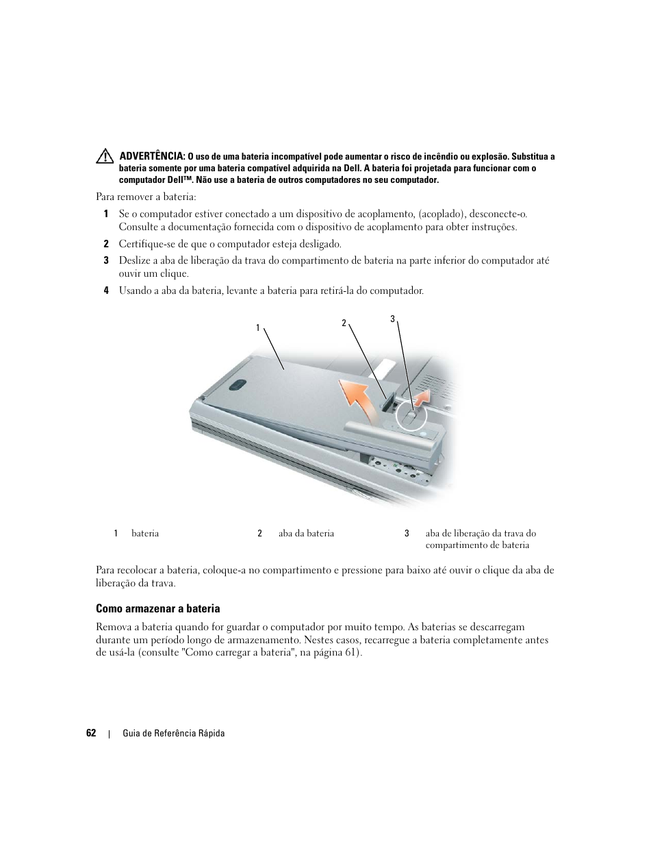 Como armazenar a bateria | Dell Latitude D820 User Manual | Page 62 / 94