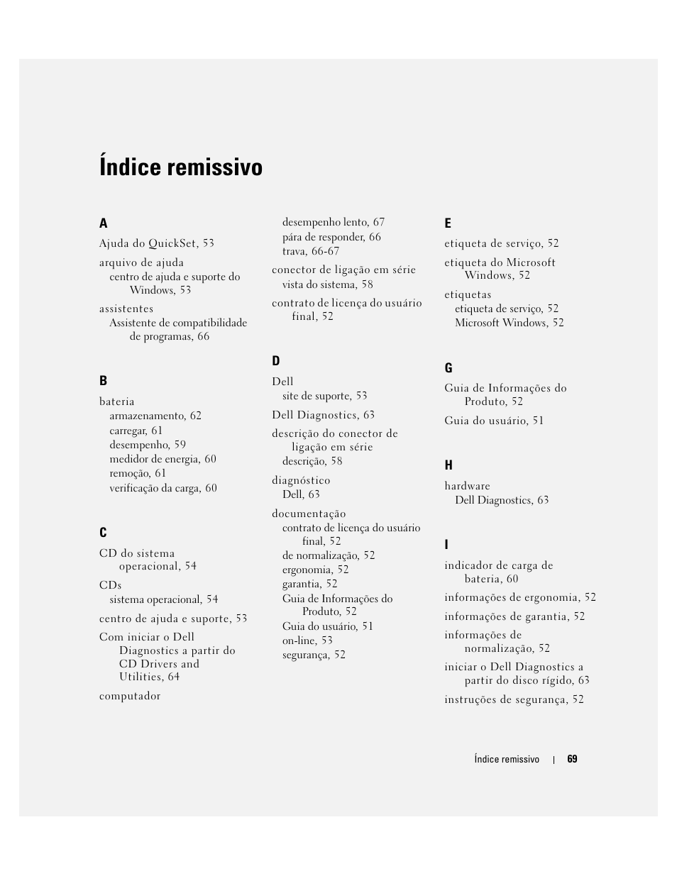 Índice remissivo, Index | Dell Latitude D820 User Manual | Page 69 / 94