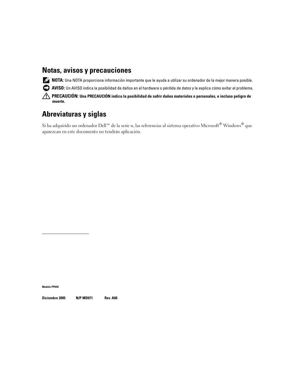 Notas, avisos y precauciones, Abreviaturas y siglas | Dell Latitude D820 User Manual | Page 72 / 94
