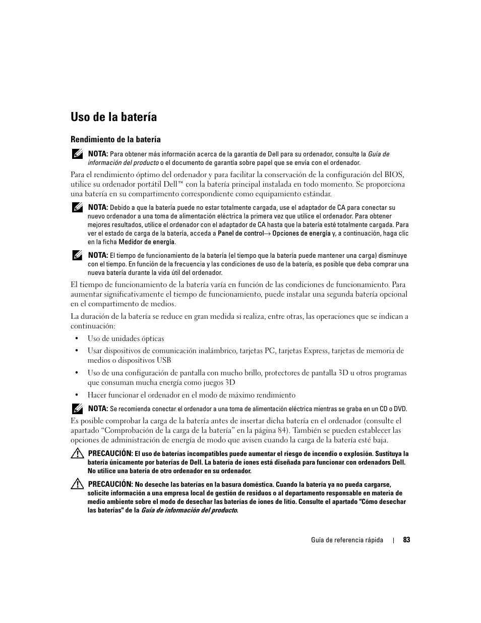 Uso de la batería, Rendimiento de la batería | Dell Latitude D820 User Manual | Page 83 / 94
