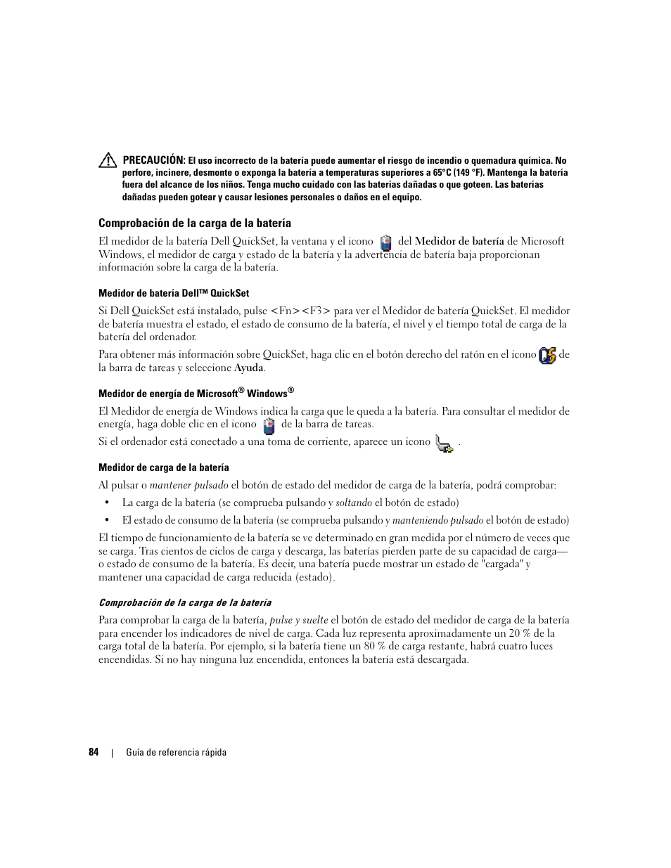 Comprobación de la carga de la batería | Dell Latitude D820 User Manual | Page 84 / 94