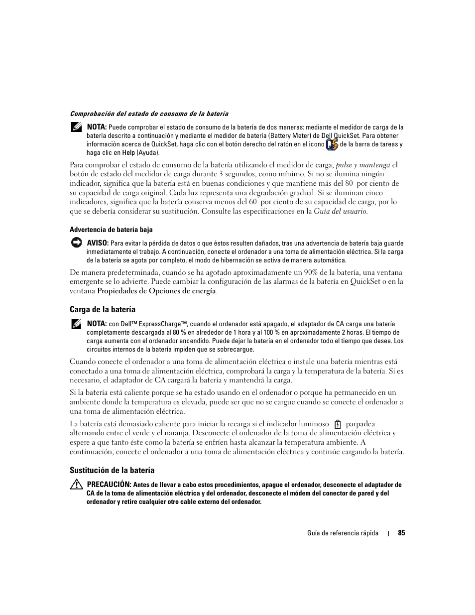 Carga de la batería, Sustitución de la batería | Dell Latitude D820 User Manual | Page 85 / 94