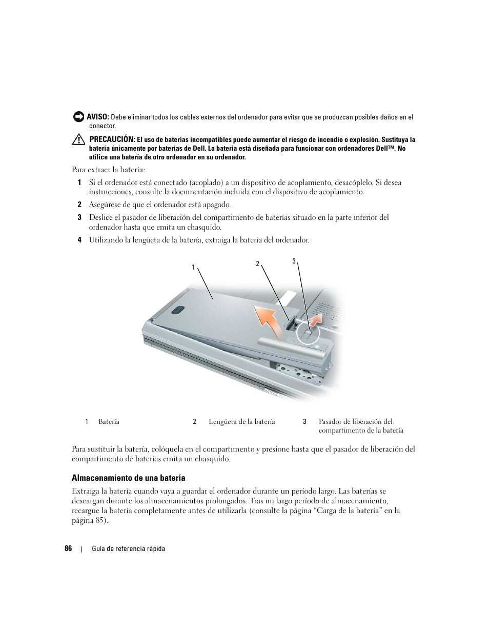 Almacenamiento de una batería | Dell Latitude D820 User Manual | Page 86 / 94