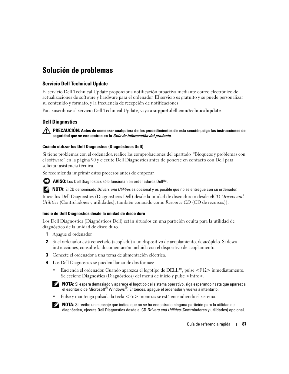 Solución de problemas, Servicio dell technical update, Dell diagnostics | Dell Latitude D820 User Manual | Page 87 / 94