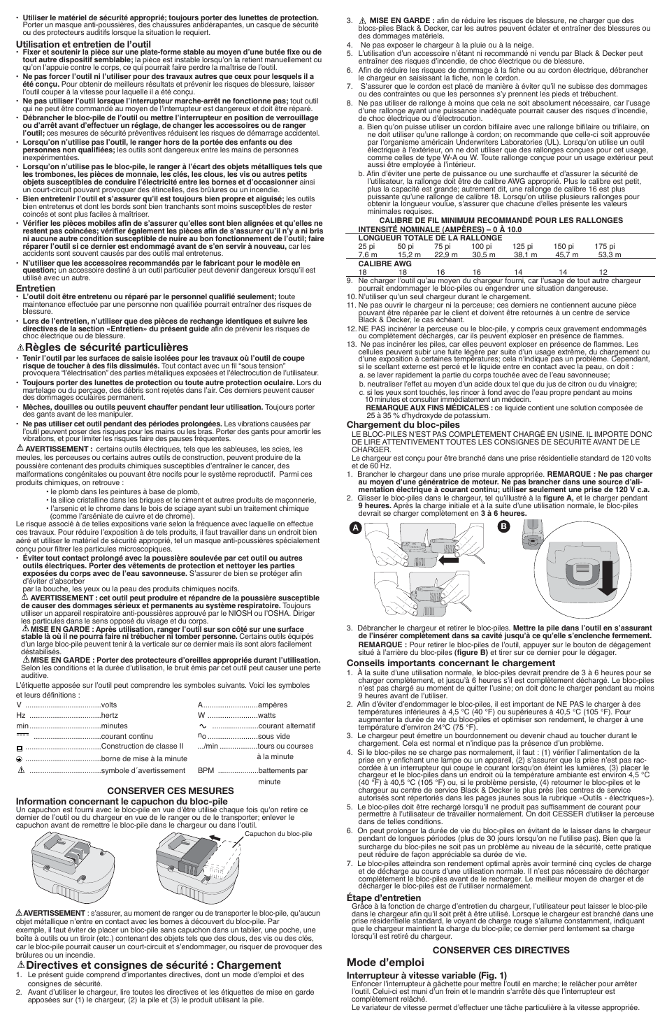 Mode d’emploi, Règles de sécurité particulières, Directives et consignes de sécurité : chargement | Black & Decker Fire Storm FS1202ID User Manual | Page 3 / 6