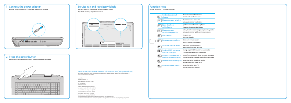 Press the power button, Function keys, Connect the power adapter | 21 service tag and regulatory labels | Dell Alienware 18 (Mid 2013) User Manual | Page 2 / 2