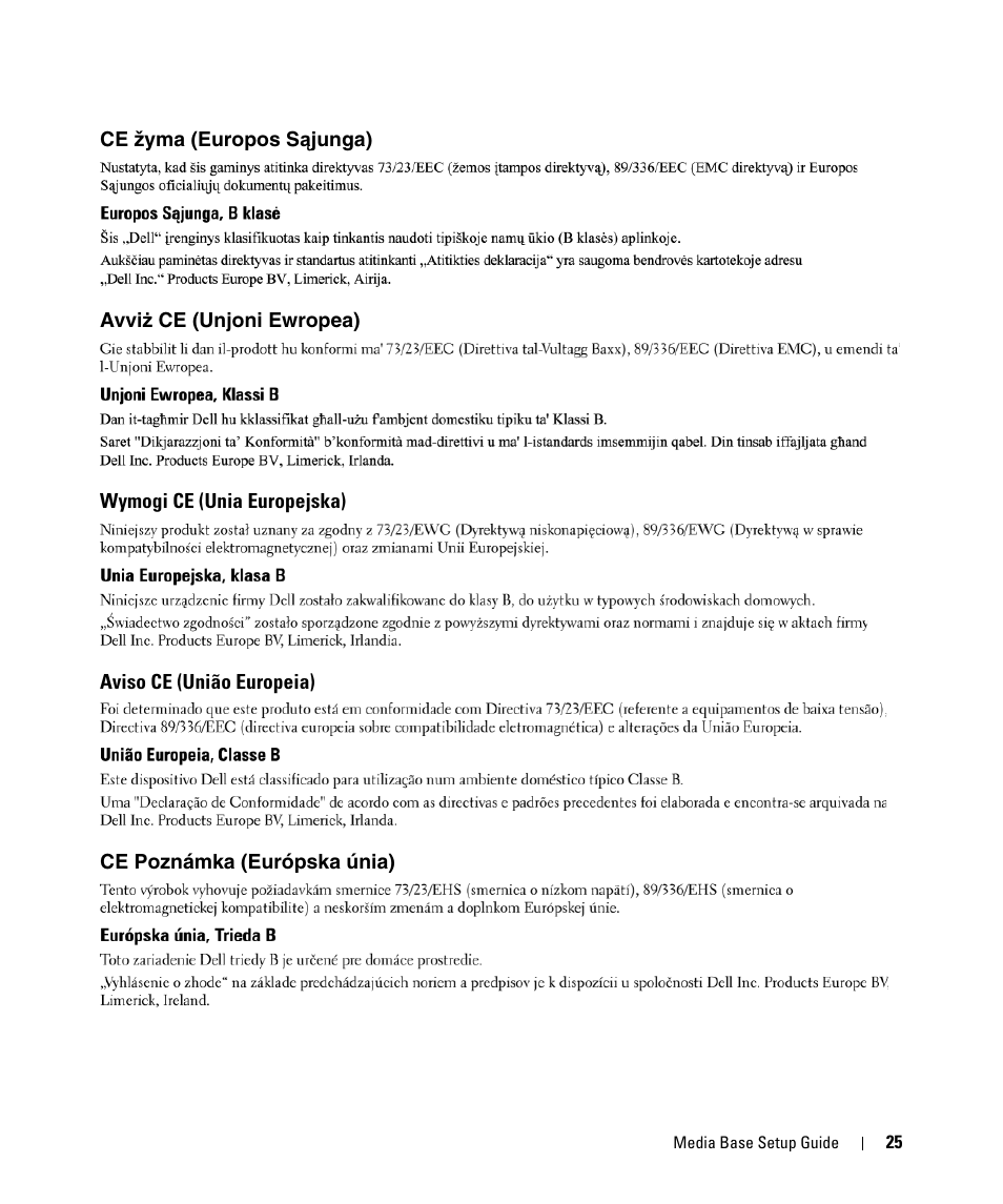 Ce žyma (europos sąjunga), Avviż ce (unjoni ewropea), Wymogi ce (unia europejska) | Aviso ce (união europeia), Ce poznámka (európska únia), Ce žyma (europos s, Ąjunga), Avvi, Ż ce (unjoni ewropea) | Dell Latitude D420 User Manual | Page 27 / 98