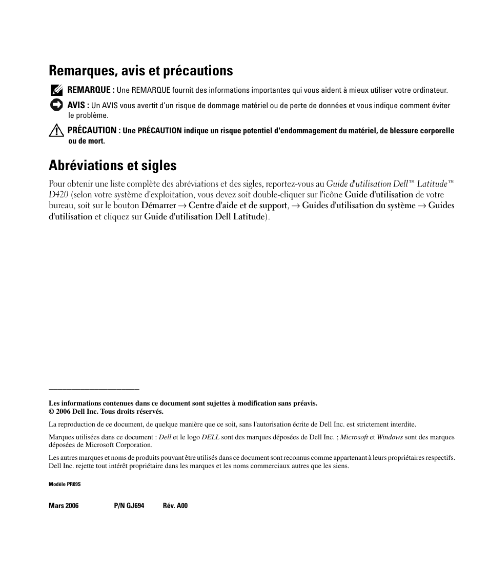 Remarques, avis et précautions, Abréviations et sigles | Dell Latitude D420 User Manual | Page 34 / 98