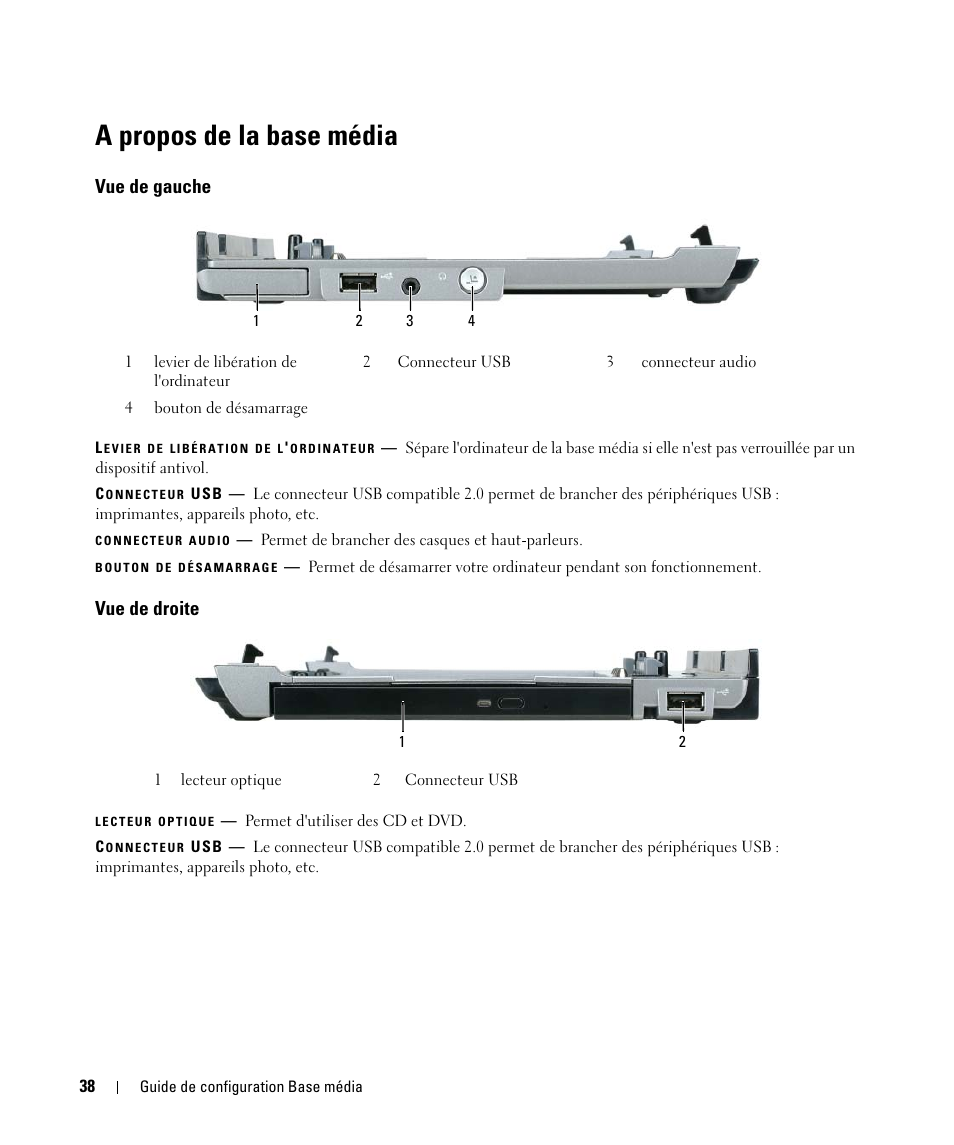 A propos de la base média, Vue de gauche, Vue de droite | Dell Latitude D420 User Manual | Page 40 / 98