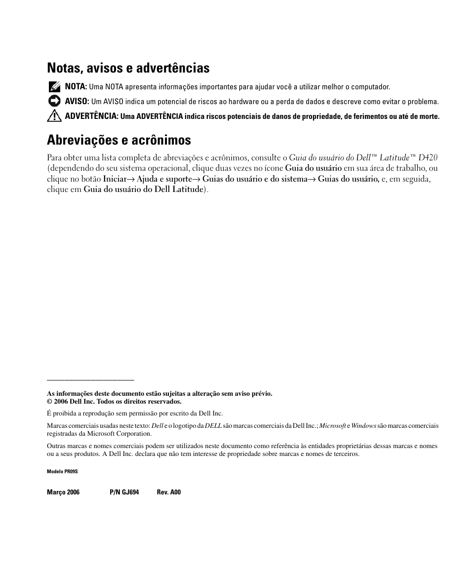 Notas, avisos e advertências, Abreviações e acrônimos | Dell Latitude D420 User Manual | Page 56 / 98