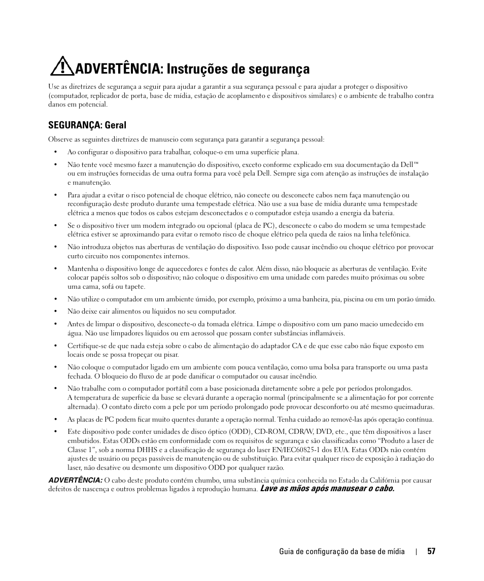 Advertência: instruções de segurança, Segurança: geral | Dell Latitude D420 User Manual | Page 59 / 98