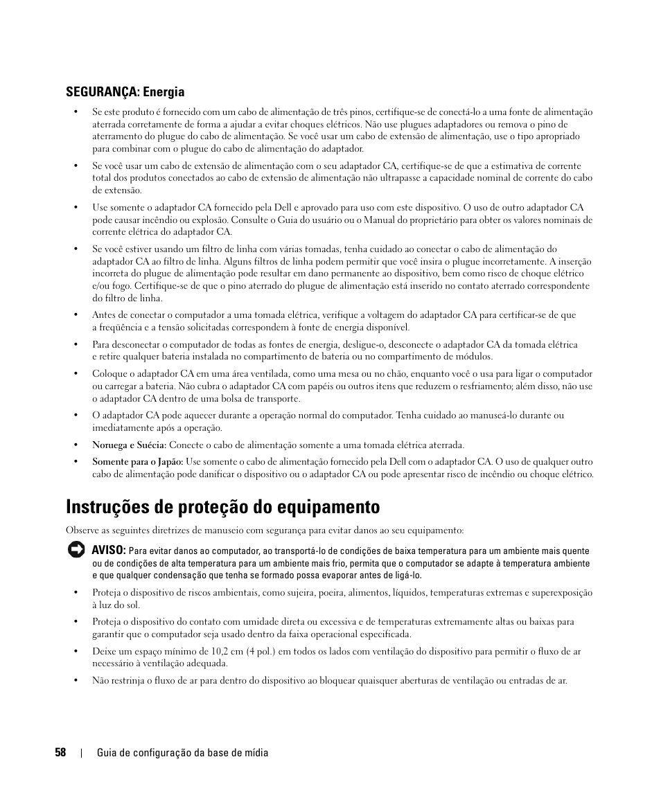 Segurança: energia, Instruções de proteção do equipamento | Dell Latitude D420 User Manual | Page 60 / 98