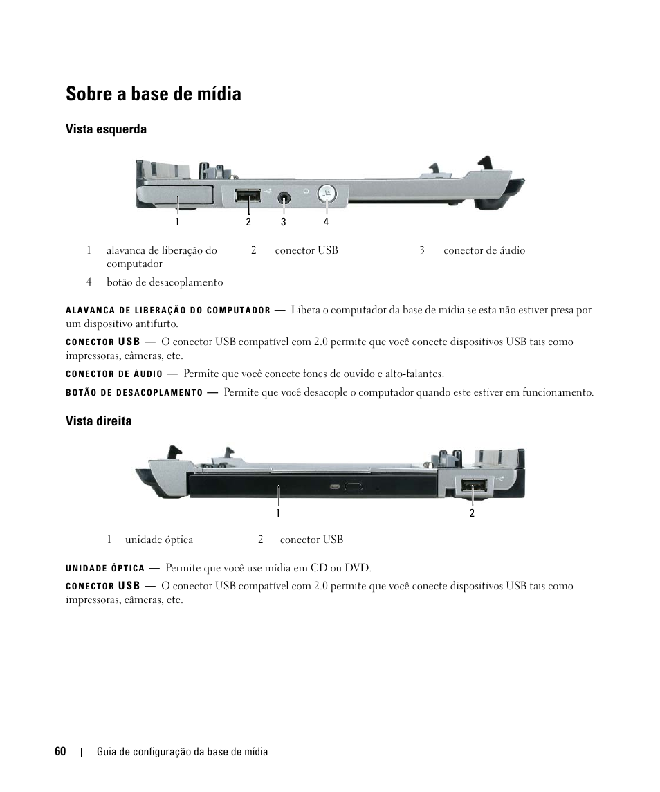 Sobre a base de mídia, Vista esquerda, Vista direita | Dell Latitude D420 User Manual | Page 62 / 98