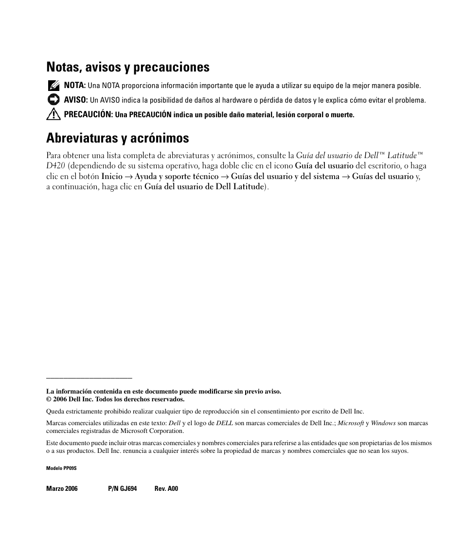 Notas, avisos y precauciones, Abreviaturas y acrónimos | Dell Latitude D420 User Manual | Page 78 / 98
