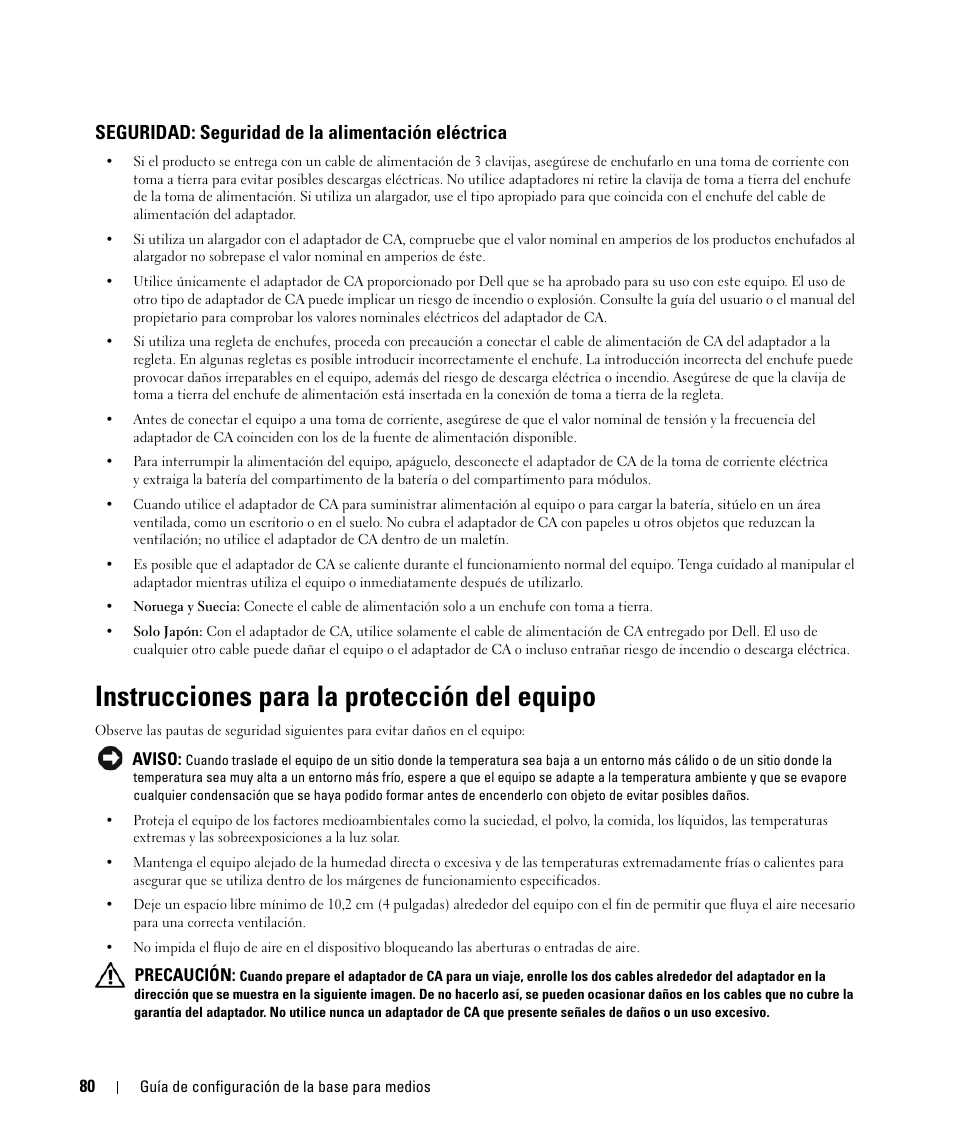 Seguridad: seguridad de la alimentación eléctrica, Instrucciones para la protección del equipo | Dell Latitude D420 User Manual | Page 82 / 98