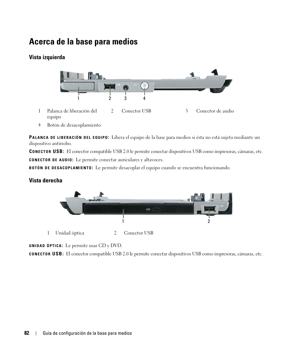 Acerca de la base para medios, Vista izquierda, Vista derecha | Dell Latitude D420 User Manual | Page 84 / 98