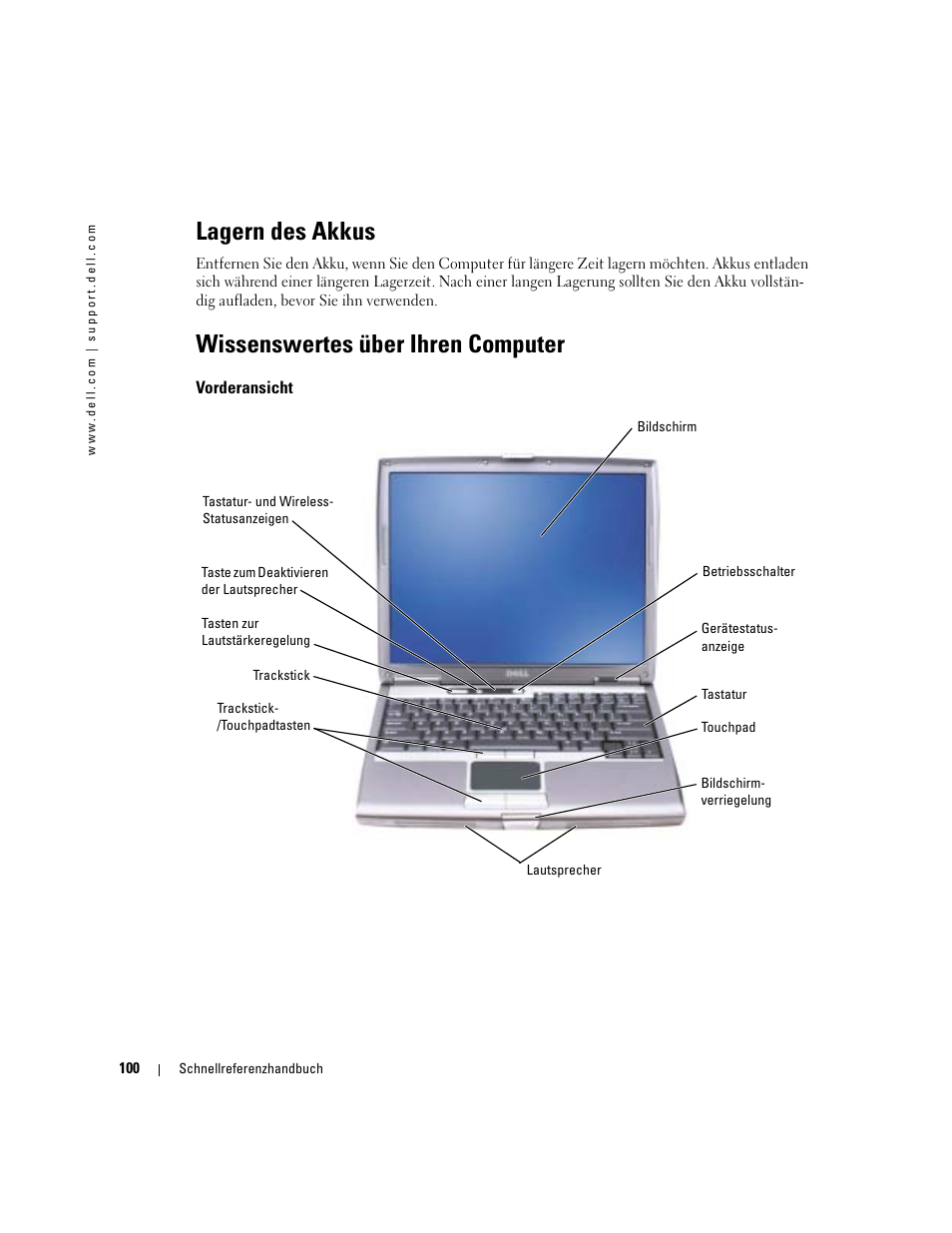 Lagern des akkus, Wissenswertes über ihren computer, Vorderansicht | Dell Latitude D610 User Manual | Page 100 / 168