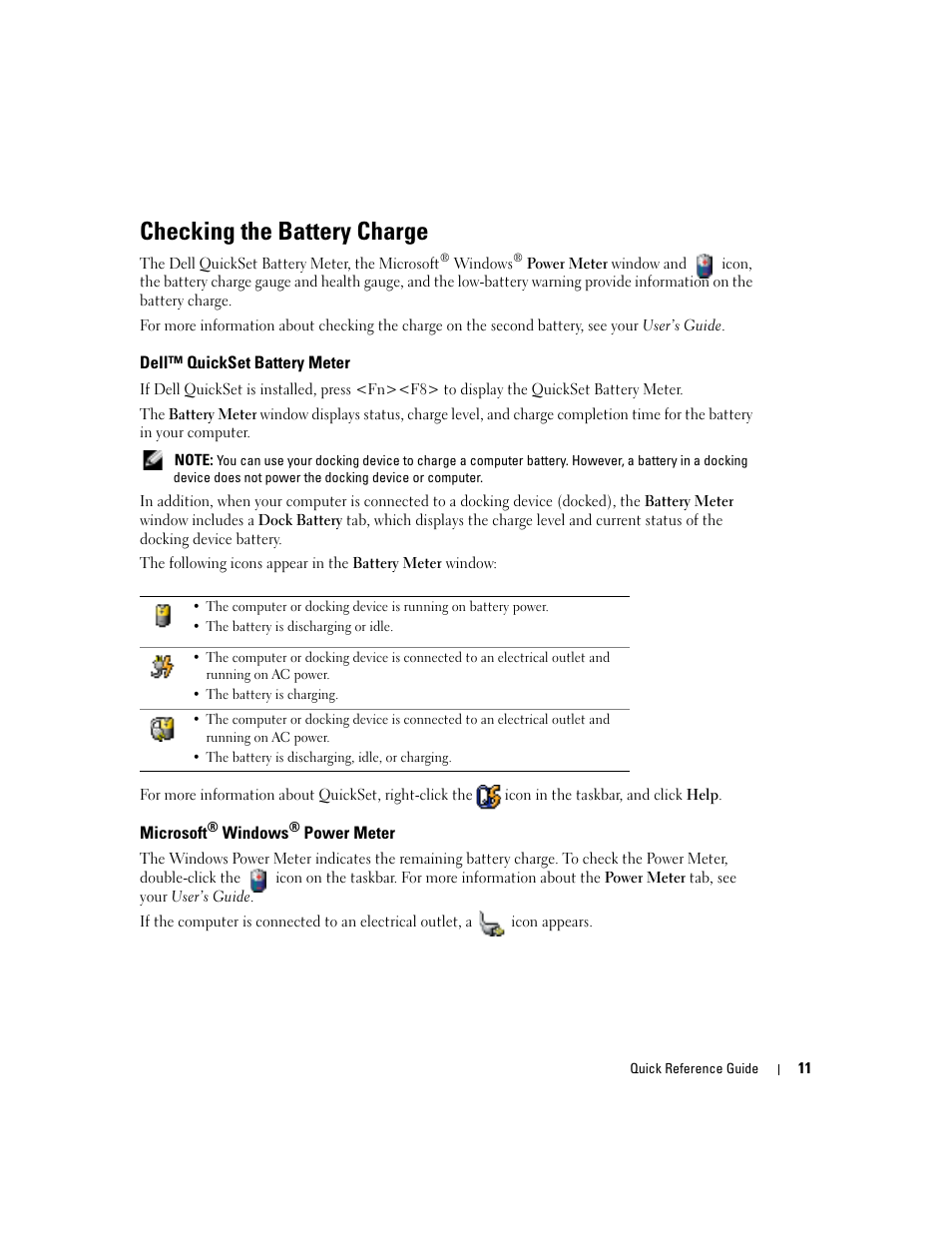 Checking the battery charge, Dell™ quickset battery meter, Microsoft® windows® power meter | Microsoft | Dell Latitude D610 User Manual | Page 11 / 168