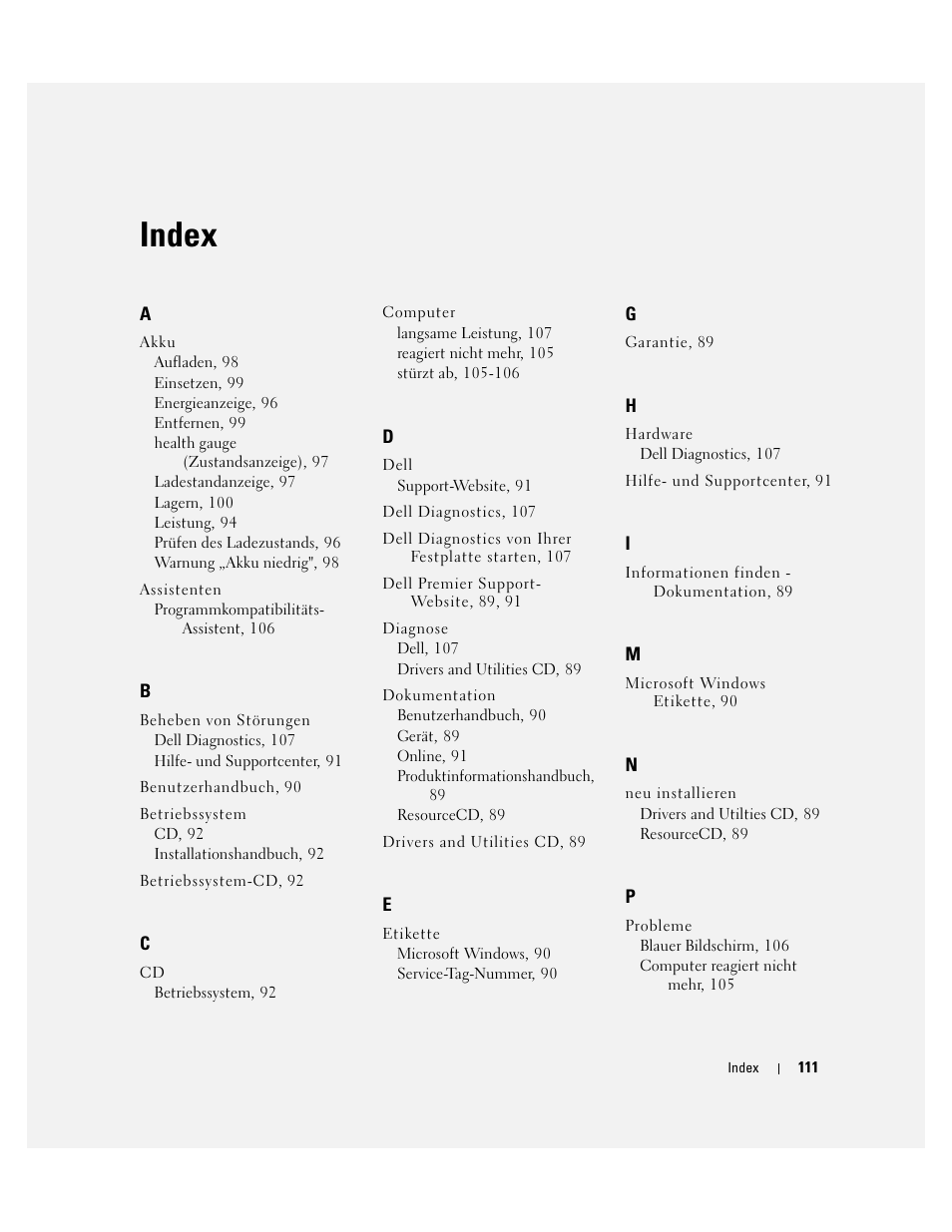 Index | Dell Latitude D610 User Manual | Page 111 / 168