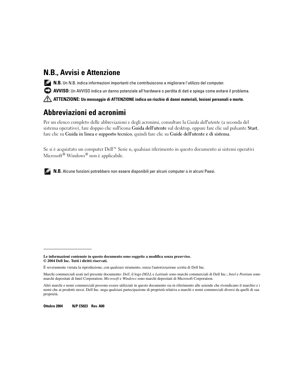 N.b., avvisi e attenzione, Abbreviazioni ed acronimi | Dell Latitude D610 User Manual | Page 114 / 168