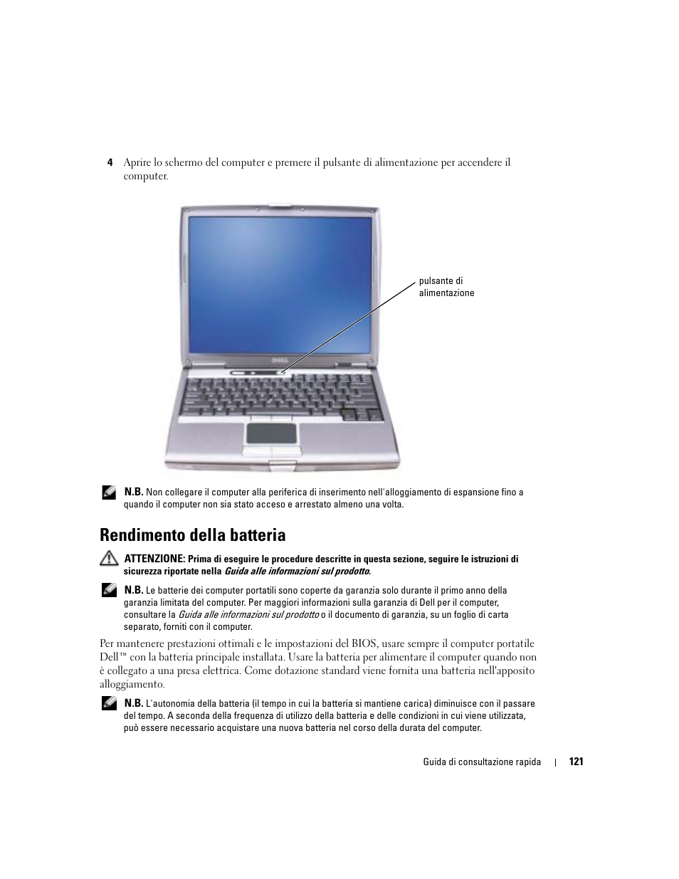 Rendimento della batteria | Dell Latitude D610 User Manual | Page 121 / 168