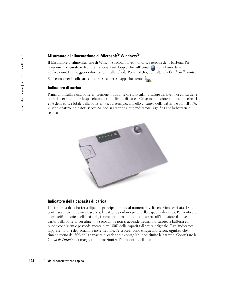 Misuratore di alimentazione di microsoft® windows, Indicatore di carica, Indicatore della capacità di carica | Misuratore di alimentazione di microsoft | Dell Latitude D610 User Manual | Page 124 / 168