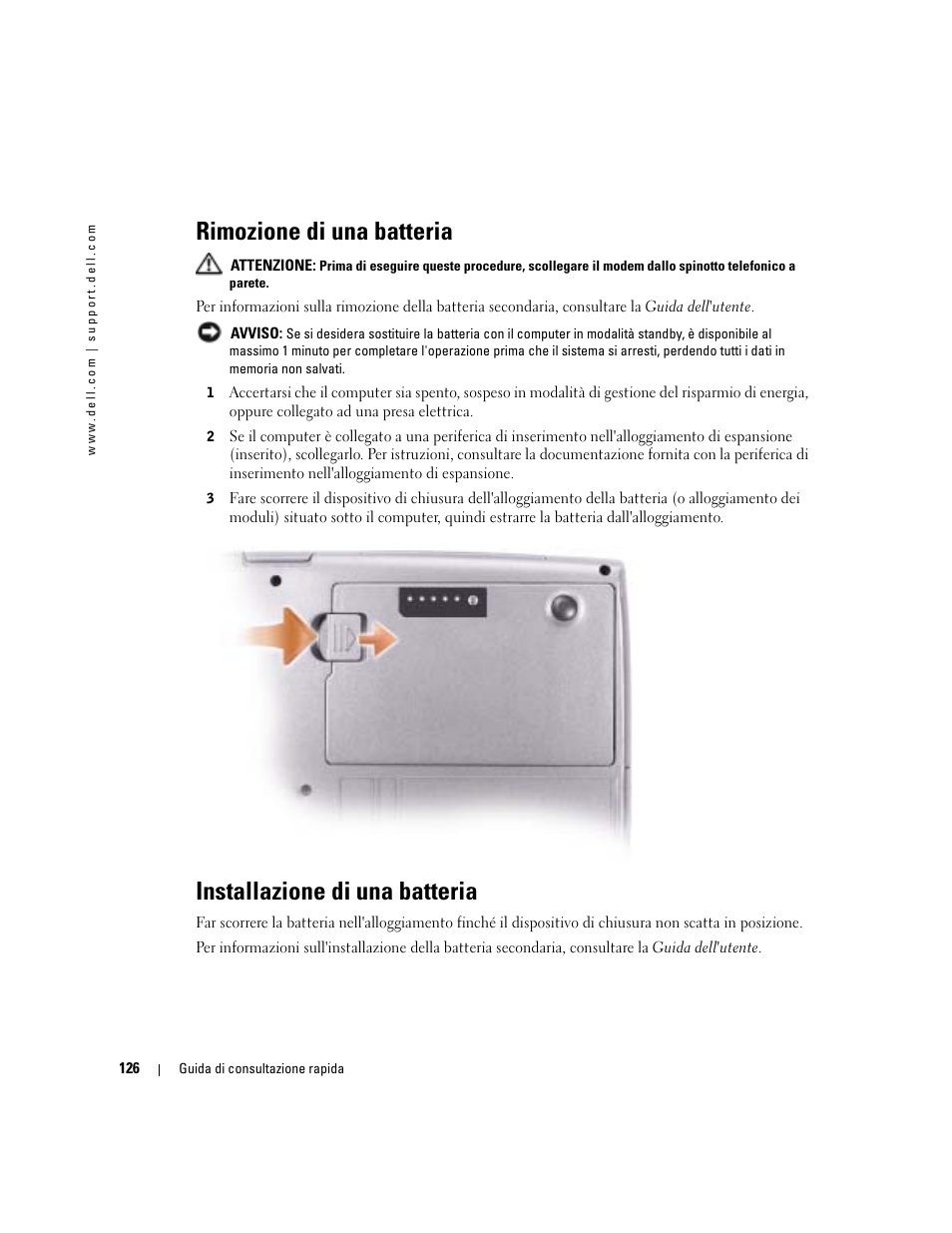 Rimozione di una batteria, Installazione di una batteria | Dell Latitude D610 User Manual | Page 126 / 168