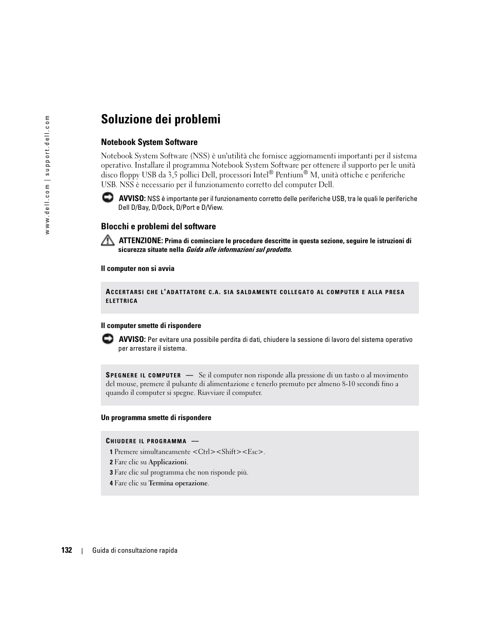 Soluzione dei problemi, Notebook system software, Blocchi e problemi del software | Dell Latitude D610 User Manual | Page 132 / 168