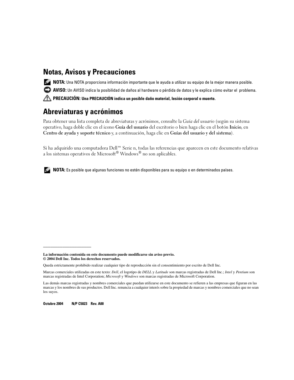 Notas, avisos y precauciones, Abreviaturas y acrónimos | Dell Latitude D610 User Manual | Page 142 / 168