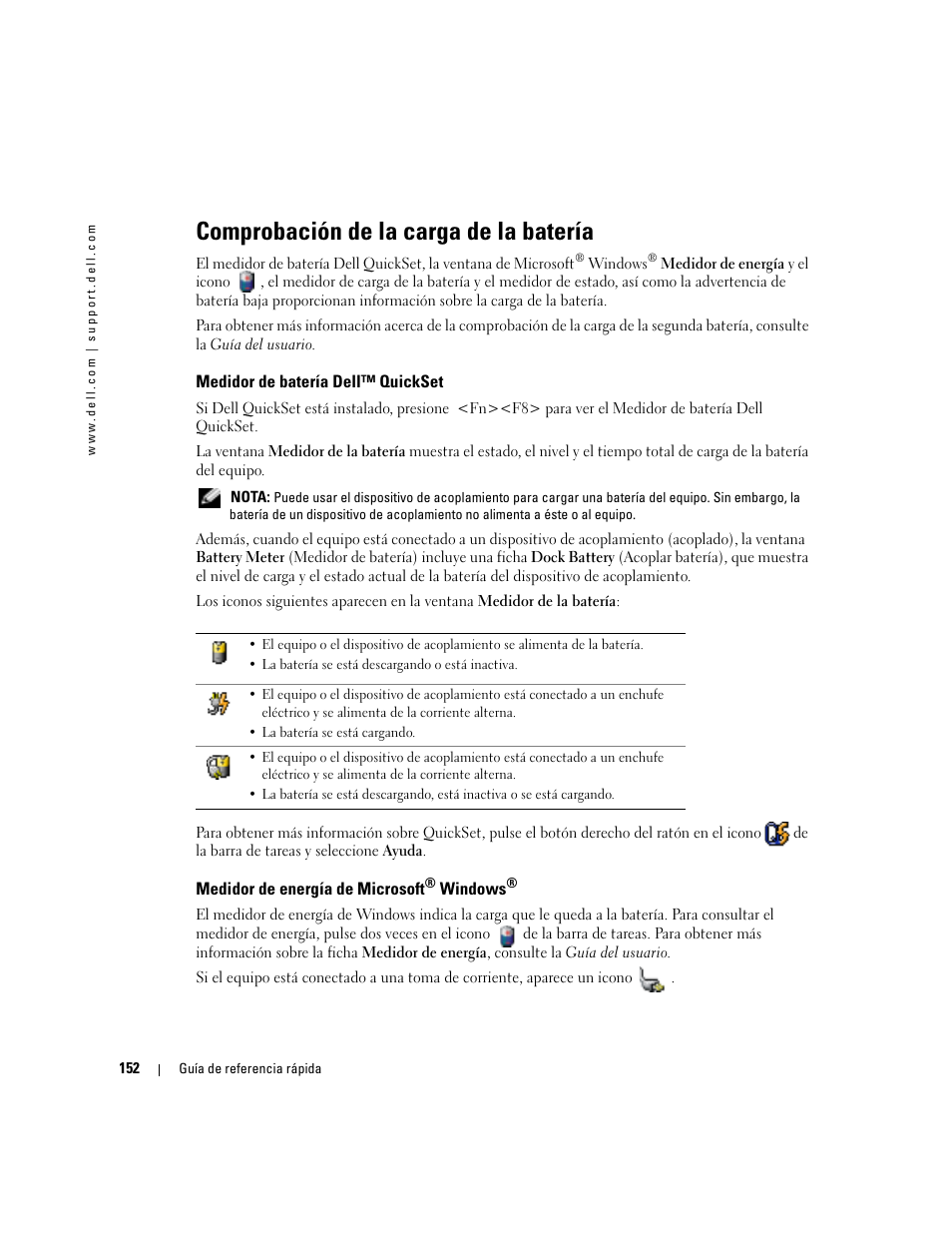 Comprobación de la carga de la batería, Medidor de batería dell™ quickset, Medidor de energía de microsoft® windows | Medidor de energía de microsoft | Dell Latitude D610 User Manual | Page 152 / 168