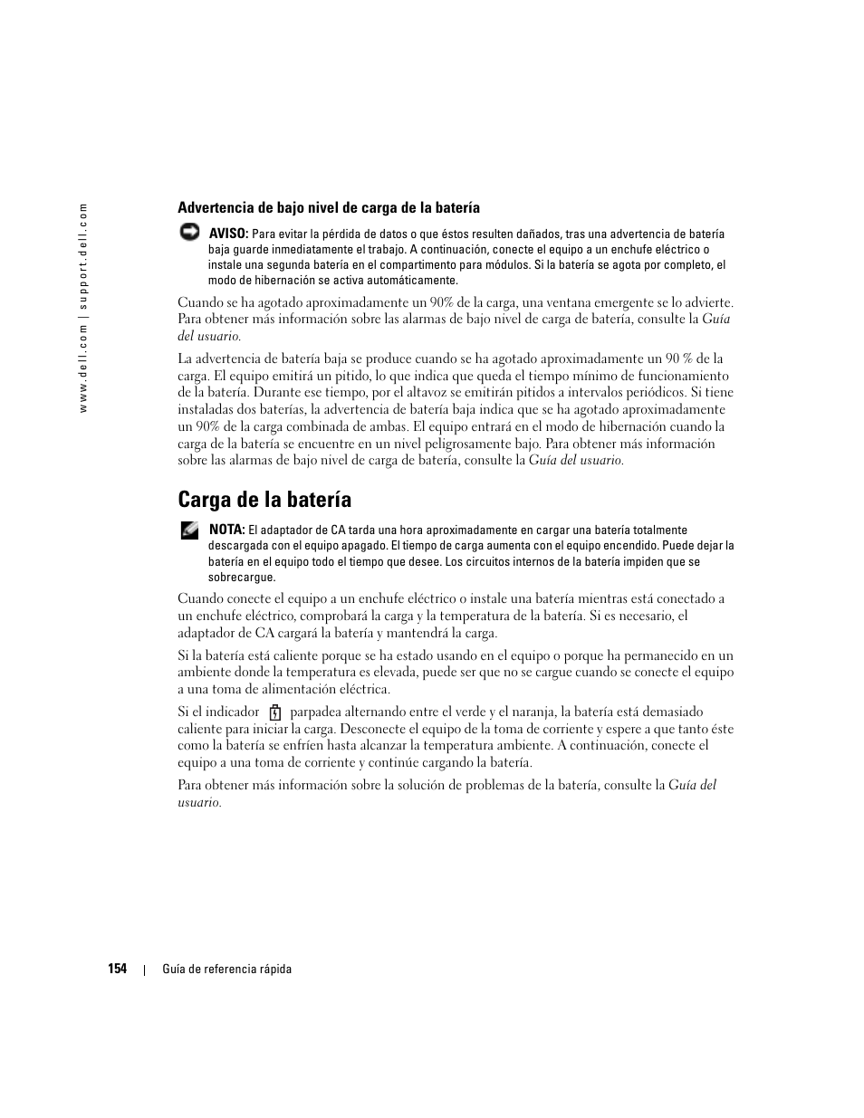 Advertencia de bajo nivel de carga de la batería, Carga de la batería | Dell Latitude D610 User Manual | Page 154 / 168