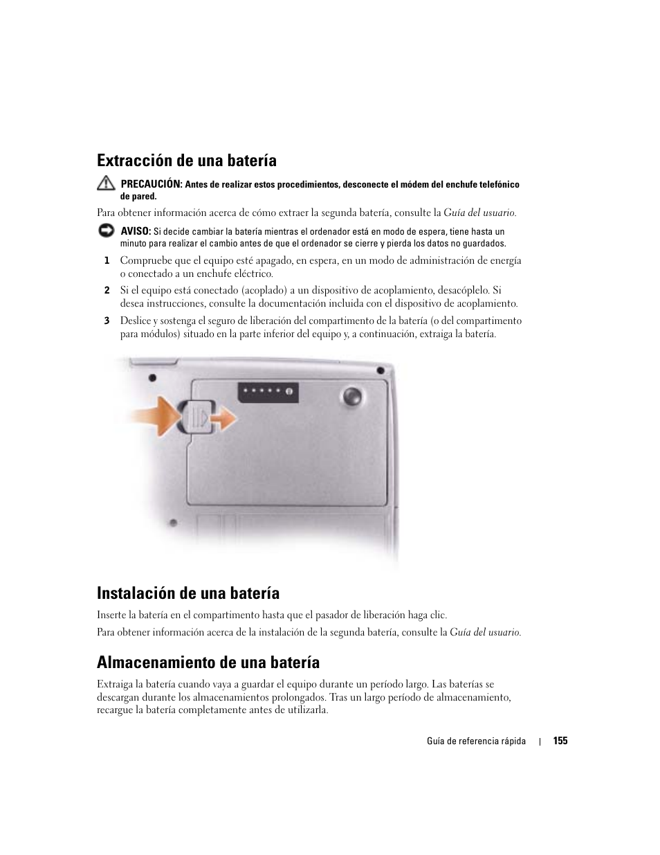 Extracción de una batería, Instalación de una batería, Almacenamiento de una batería | Dell Latitude D610 User Manual | Page 155 / 168