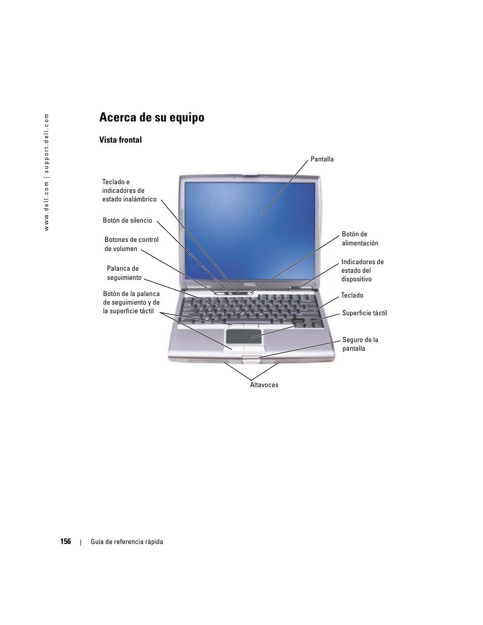 Acerca de su equipo, Vista frontal | Dell Latitude D610 User Manual | Page 156 / 168