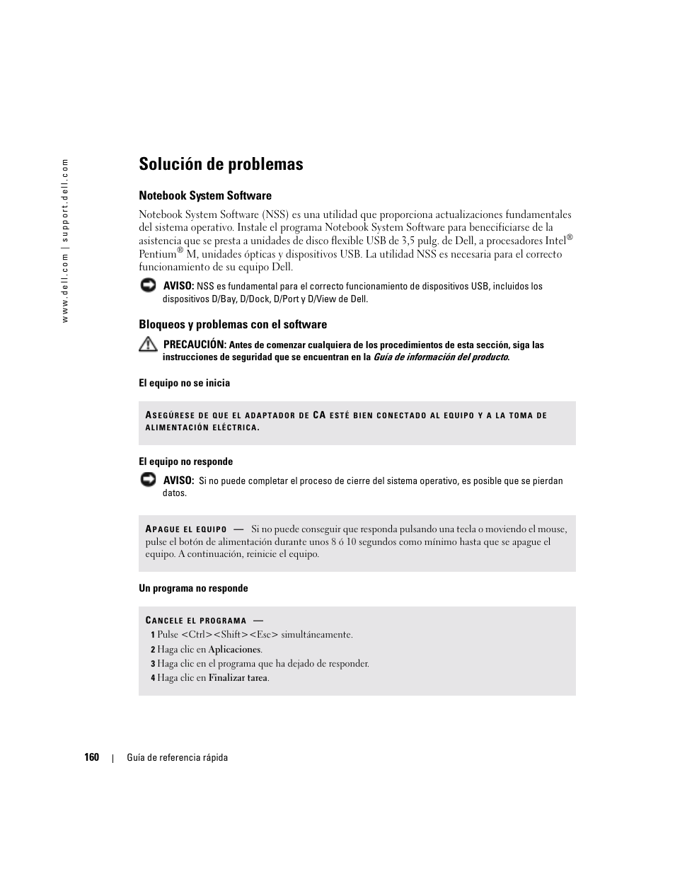 Solución de problemas, Notebook system software, Bloqueos y problemas con el software | Dell Latitude D610 User Manual | Page 160 / 168