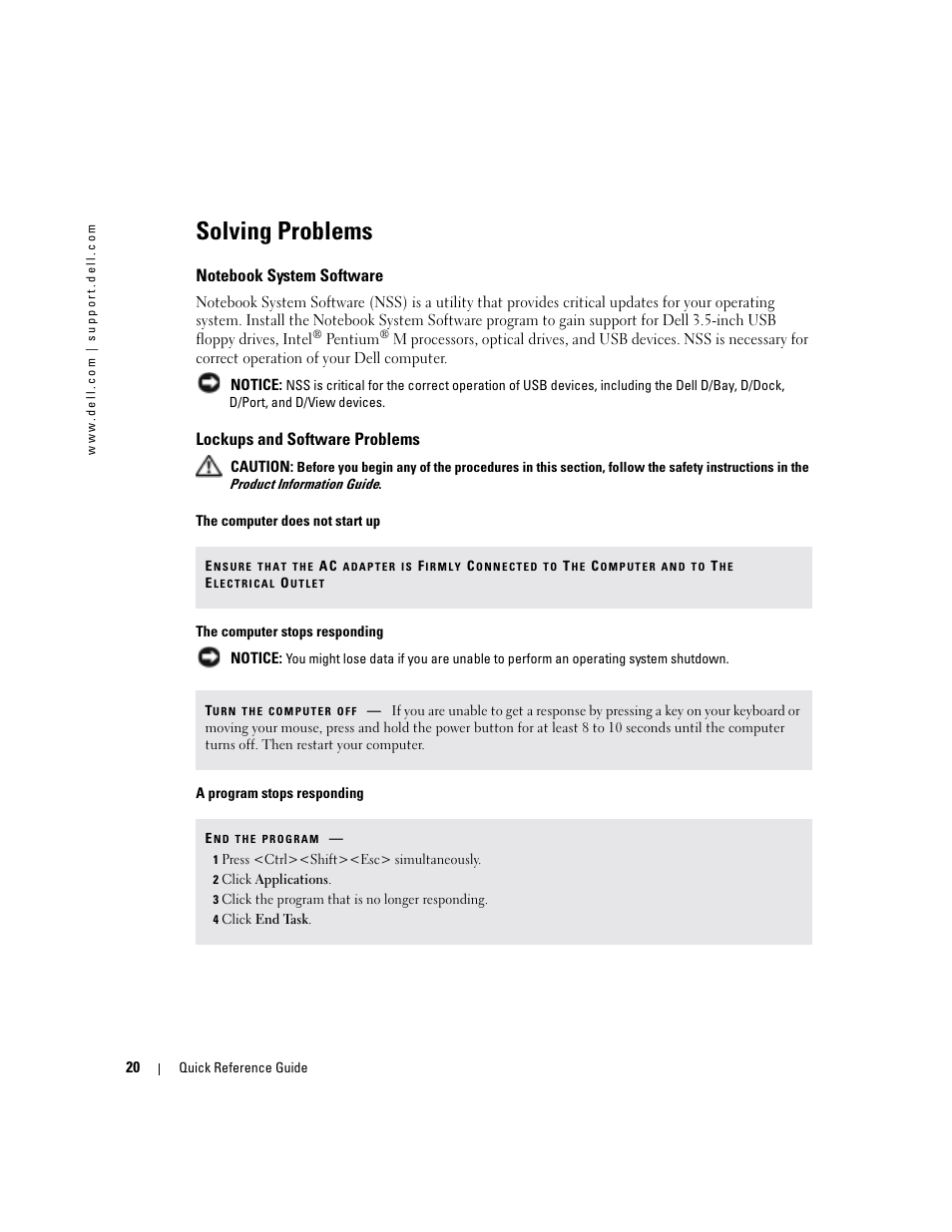 Solving problems, Notebook system software, Lockups and software problems | Dell Latitude D610 User Manual | Page 20 / 168