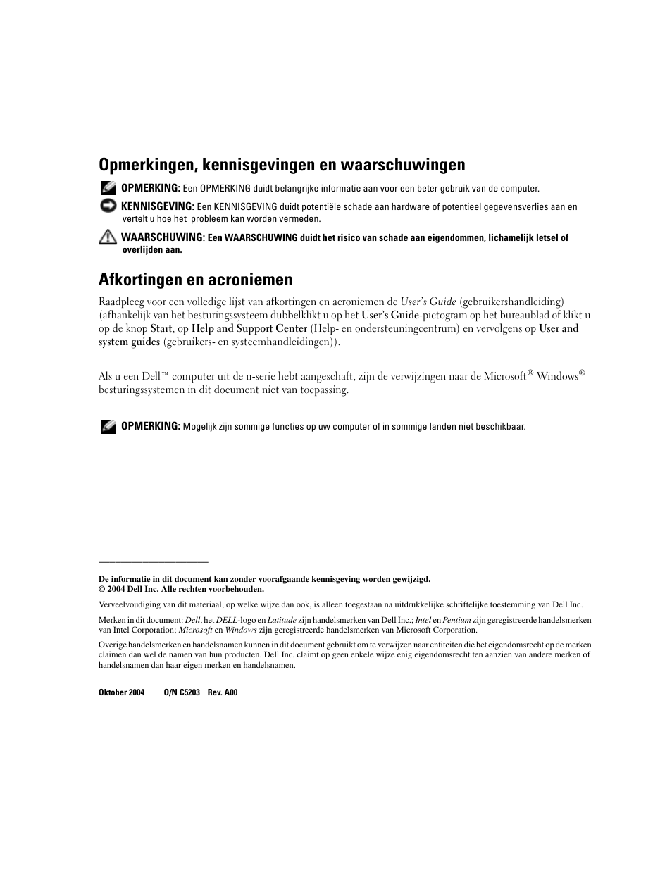 Opmerkingen, kennisgevingen en waarschuwingen, Afkortingen en acroniemen | Dell Latitude D610 User Manual | Page 30 / 168