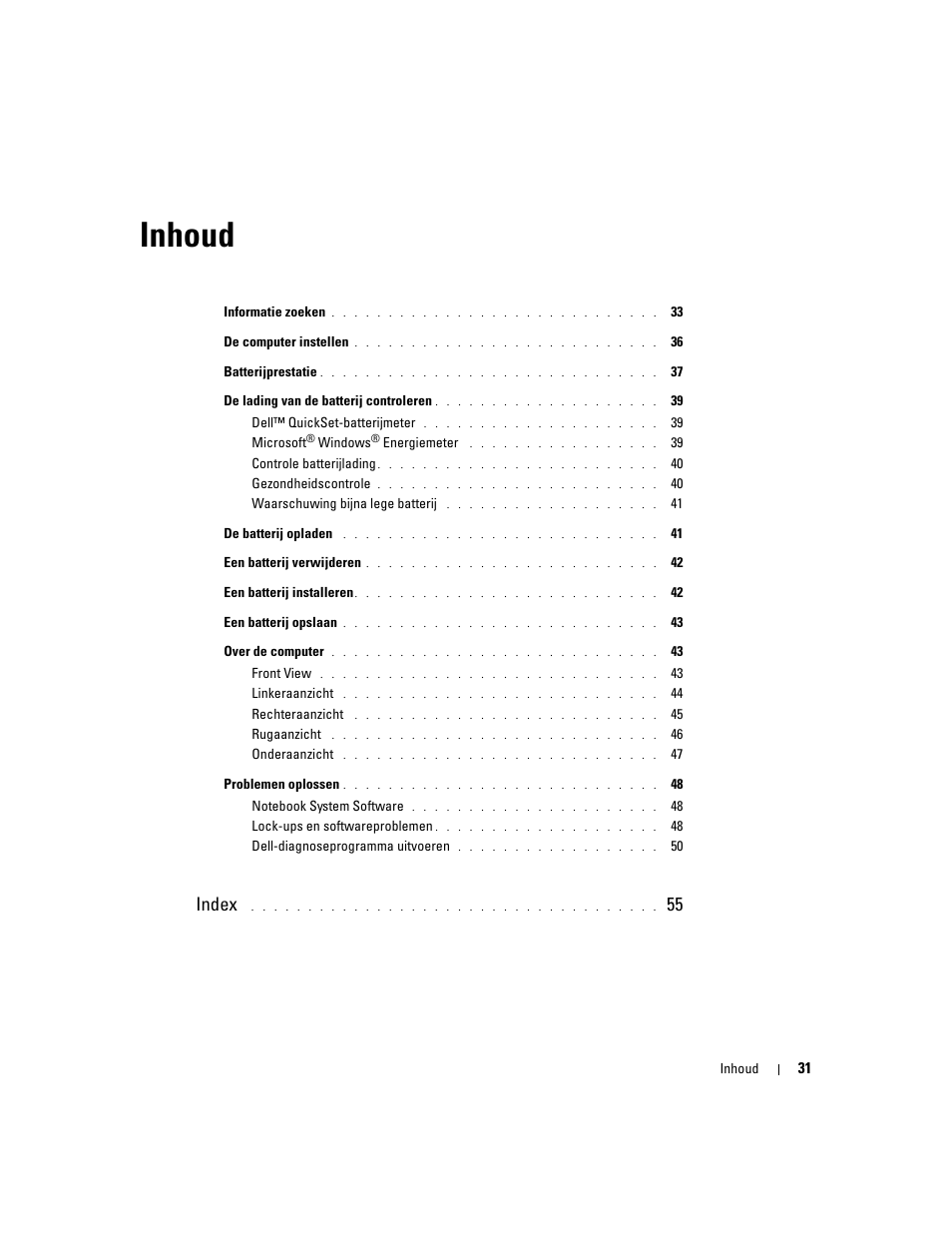 Inhoud, Index | Dell Latitude D610 User Manual | Page 31 / 168