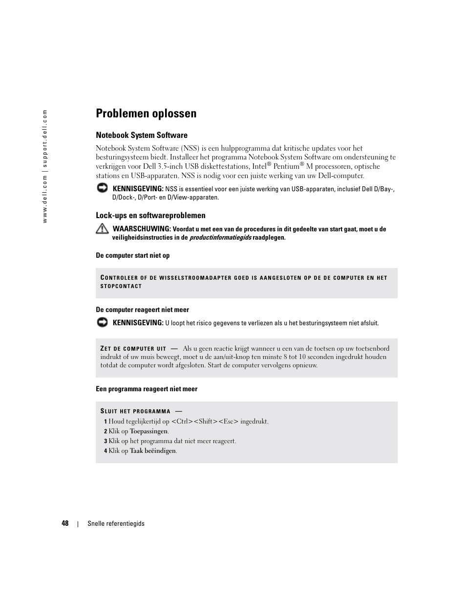 Problemen oplossen, Notebook system software, Lock-ups en softwareproblemen | Dell Latitude D610 User Manual | Page 48 / 168