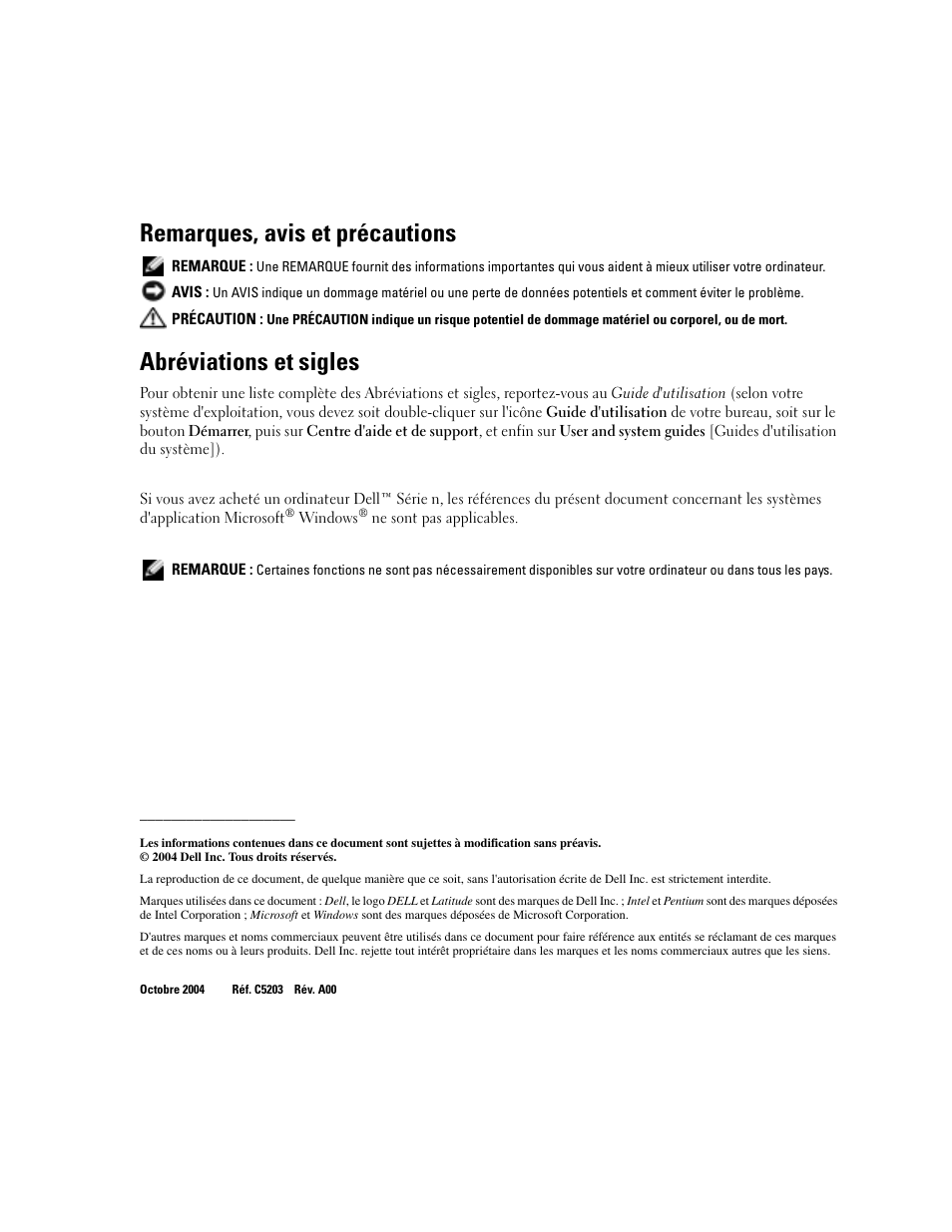 Remarques, avis et précautions, Abréviations et sigles | Dell Latitude D610 User Manual | Page 58 / 168