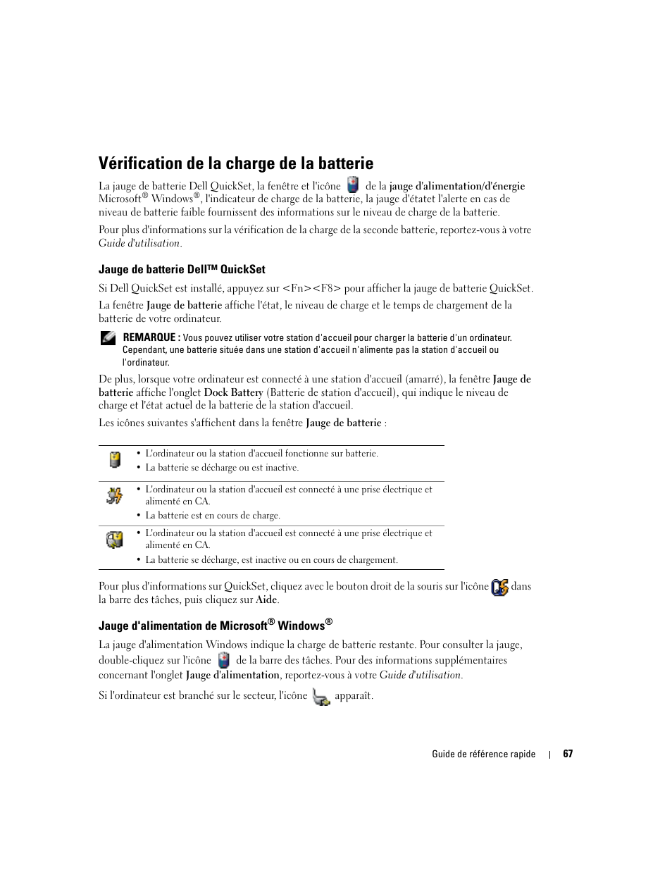 Vérification de la charge de la batterie, Jauge de batterie dell™ quickset, Jauge d'alimentation de microsoft® windows | Jauge d'alimentation de microsoft | Dell Latitude D610 User Manual | Page 67 / 168