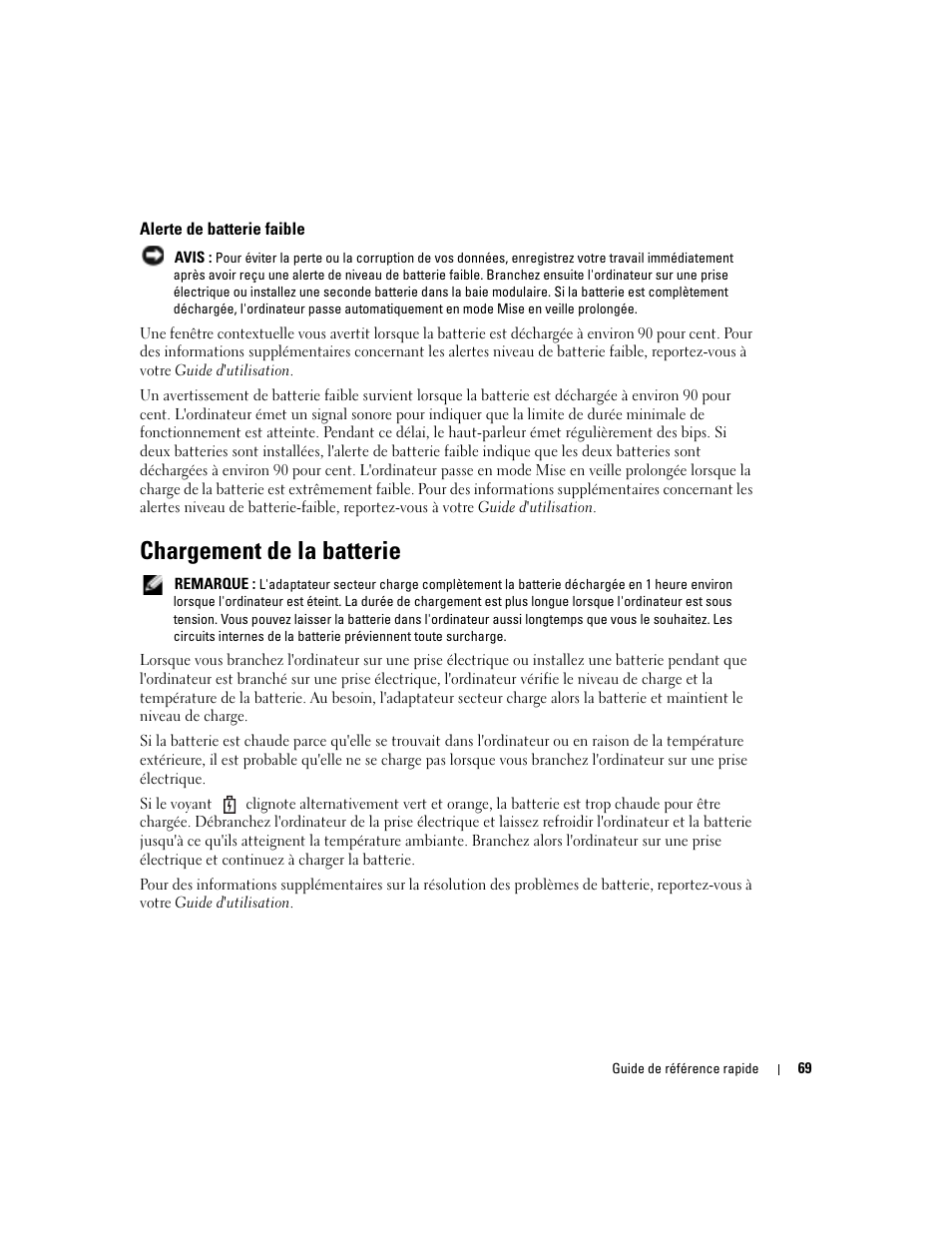 Alerte de batterie faible, Chargement de la batterie | Dell Latitude D610 User Manual | Page 69 / 168