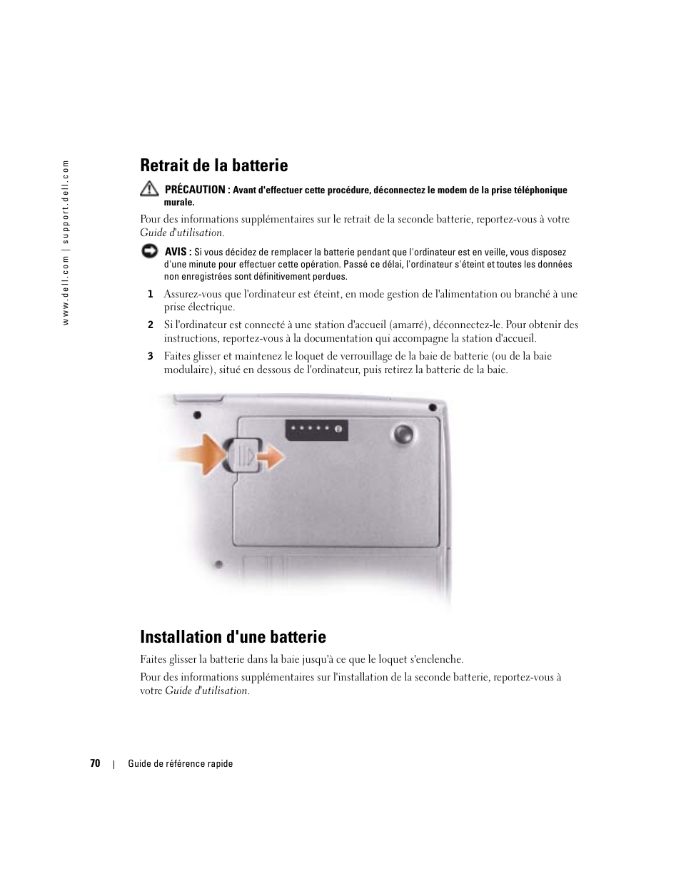 Retrait de la batterie, Installation d'une batterie | Dell Latitude D610 User Manual | Page 70 / 168