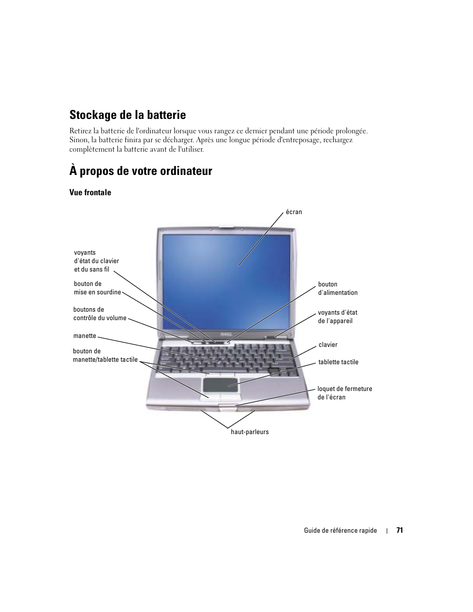 Stockage de la batterie, À propos de votre ordinateur, Vue frontale | Dell Latitude D610 User Manual | Page 71 / 168