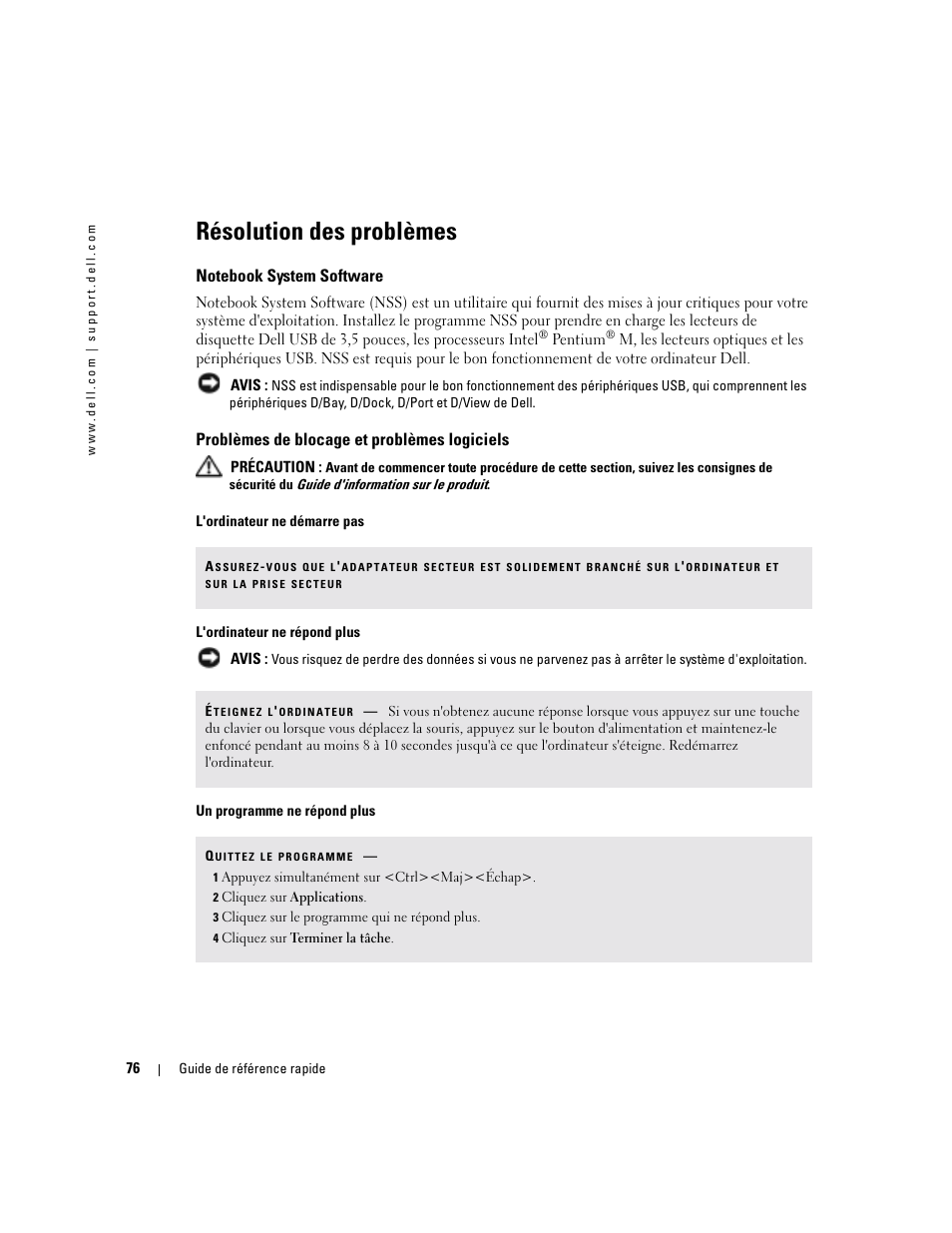 Résolution des problèmes, Notebook system software, Problèmes de blocage et problèmes logiciels | Dell Latitude D610 User Manual | Page 76 / 168