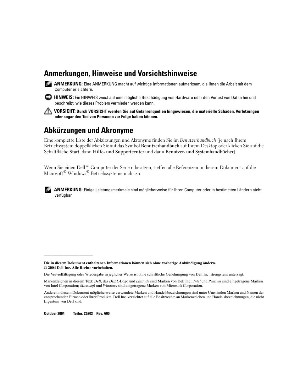 Anmerkungen, hinweise und vorsichtshinweise, Abkürzungen und akronyme | Dell Latitude D610 User Manual | Page 86 / 168