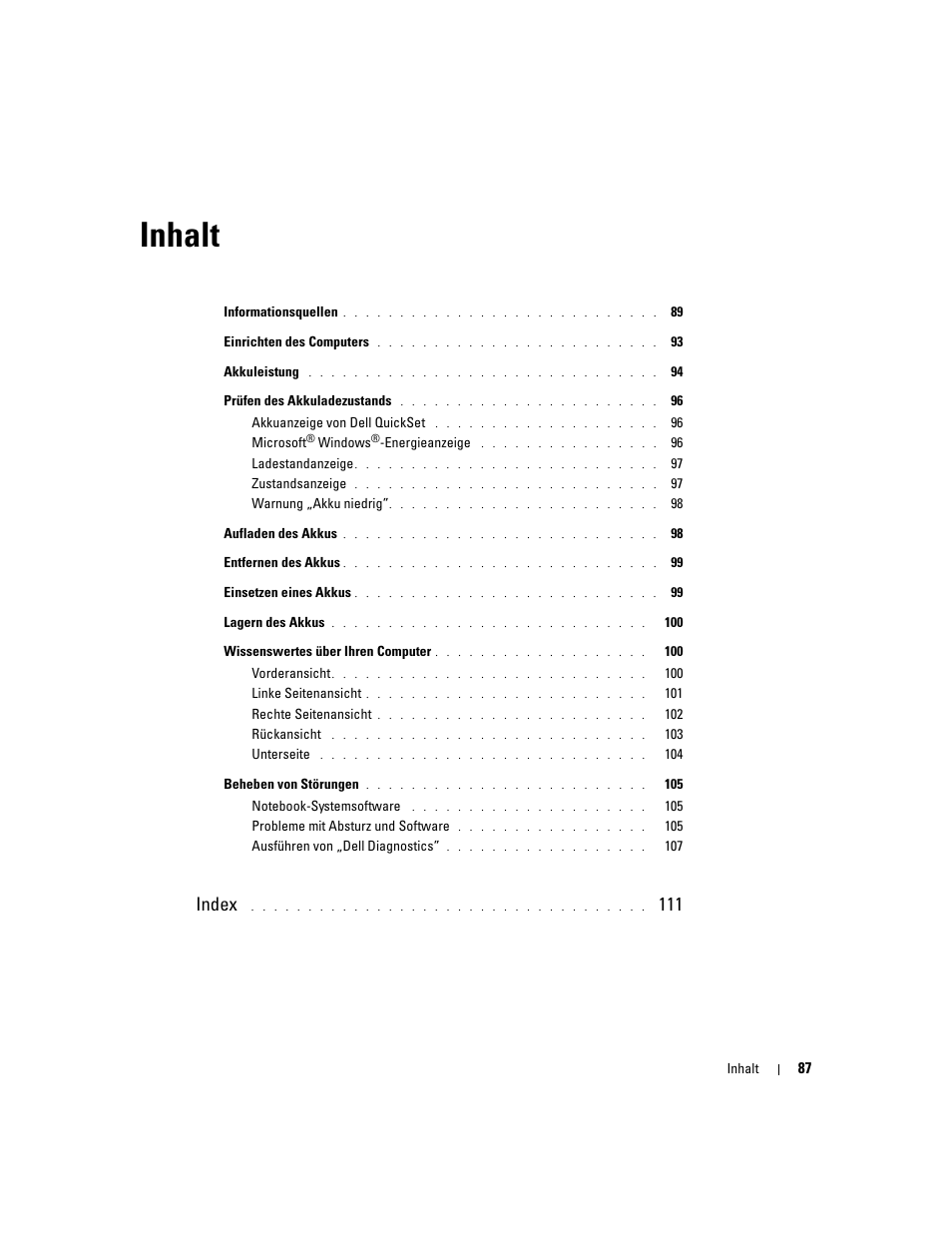 Inhalt, Index | Dell Latitude D610 User Manual | Page 87 / 168