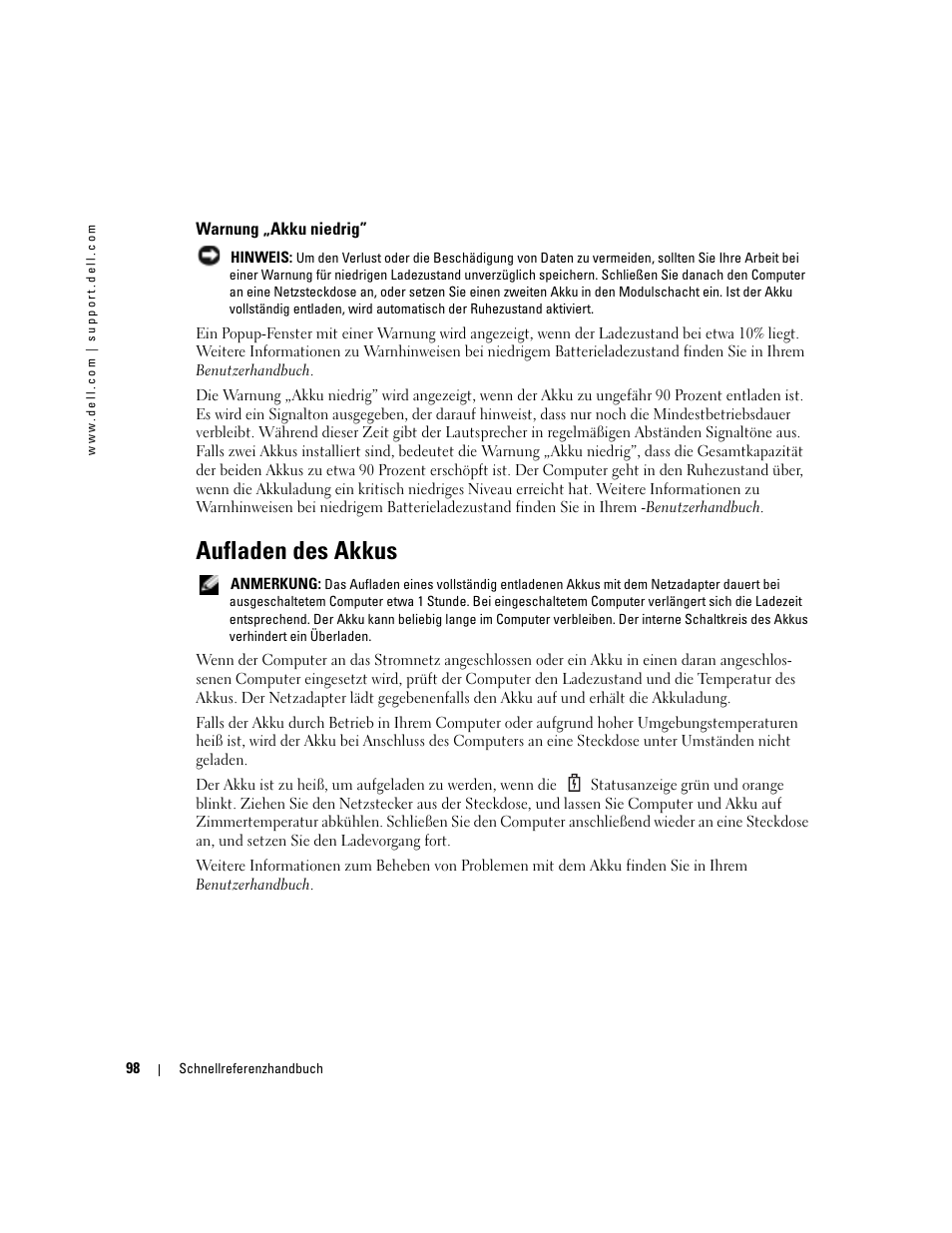 Warnung „akku niedrig, Aufladen des akkus | Dell Latitude D610 User Manual | Page 98 / 168
