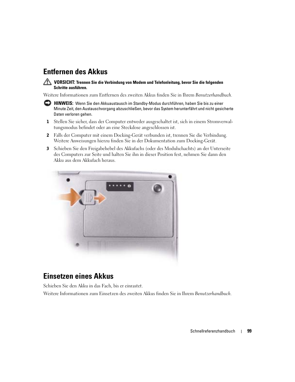 Entfernen des akkus, Einsetzen eines akkus | Dell Latitude D610 User Manual | Page 99 / 168