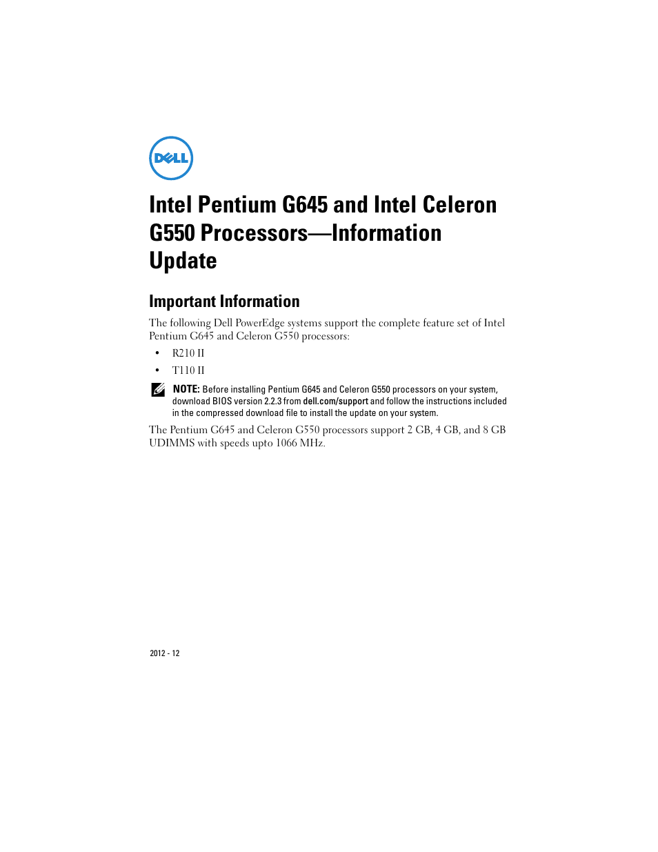 Dell PowerEdge T110 II User Manual | 8 pages